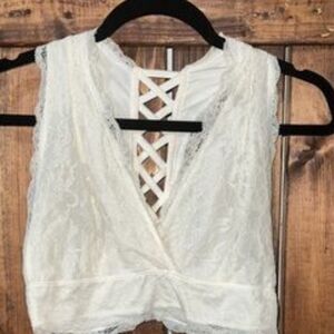 Altar'd State Ivory Lace V-Neck Cropped Camisole with Lattice Back